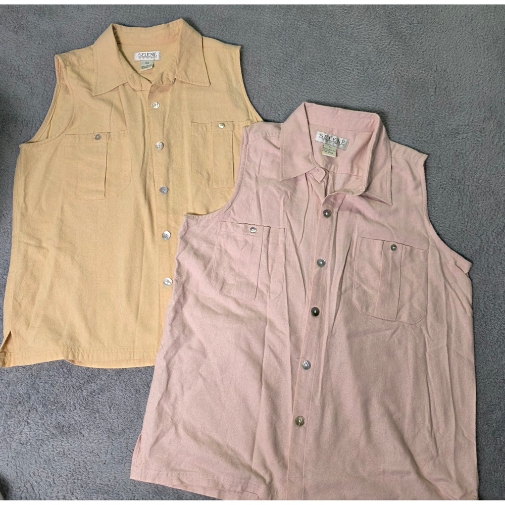 Selene Sport Womens L Sleeveless Button Down Shirt Pink Yellow 100% Silk 2 Pack